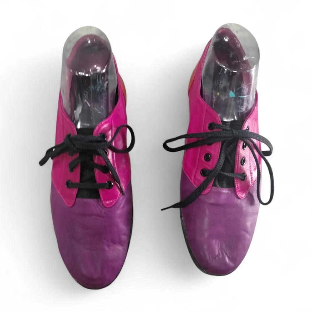 Pink Purple Colorblock Vintage 80s Leather Lace Up Oxford Flats Dress Shoes 10